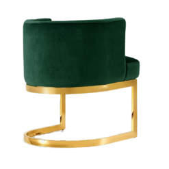 Hunter green velvet round barrel chair, back view