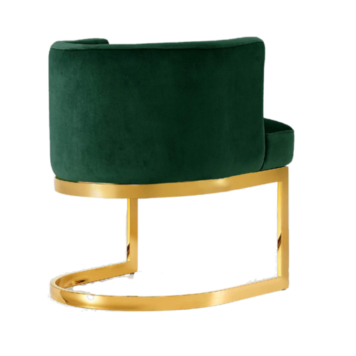 Hunter green velvet round barrel chair, back view