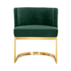 Front view of barrel chair with C shape seat on top of gold C legs