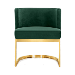 Front view of barrel chair with C shape seat on top of gold C legs