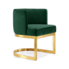 Curved round barrel chair with green velvet and gold rounded base connected to the seat with two legs