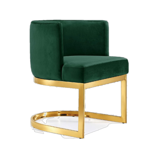 Curved round barrel chair with green velvet and gold rounded base connected to the seat with two legs