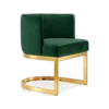 Curved round barrel chair with green velvet and gold rounded base connected to the seat with two legs