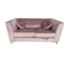 Soft pink velvet loveseat with tufted back, two large cushions, square arms and gold legs. Includes two round matching pillows.