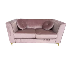 Soft pink velvet loveseat with tufted back, two large cushions, square arms and gold legs. Includes two round matching pillows.