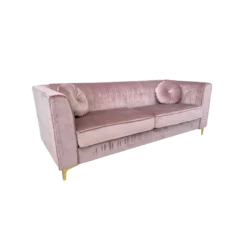 Soft pink velvet sofa with tufted back, two large cushions, square arms and gold legs. Includes two round matching pillows. Side view