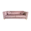 Soft pink velvet sofa with tufted back, two large cushions, square arms and gold legs. Includes two round matching pillows.
