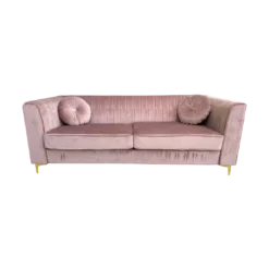 Soft pink velvet sofa with tufted back, two large cushions, square arms and gold legs. Includes two round matching pillows.