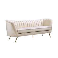 Plush velvet mid-century modern sofa with rounded arms, single seat cushion, tufted back and gold legs