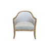 Armchair with light wood frame and beige seat and back. Curved on top