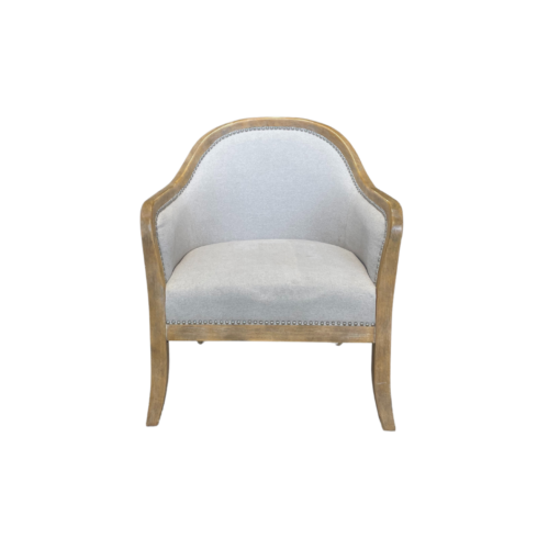 Armchair with light wood frame and beige seat and back. Curved on top