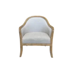 Armchair with light wood frame and beige seat and back. Curved on top