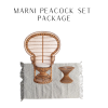 Peacock chair package that includes one peacock chair, one rattan side table, and choice of rug.