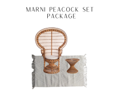 Peacock chair package that includes one peacock chair, one rattan side table, and choice of rug.