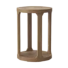 Rustic wooden round accent table with four legs connecting down to a solid wood round bottom.