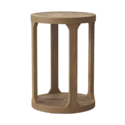 Rustic wooden round accent table with four legs connecting down to a solid wood round bottom.