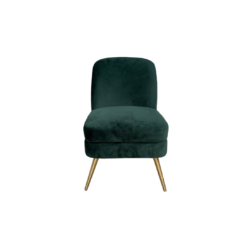 Emerald green velvet armless chair with gold legs, front view