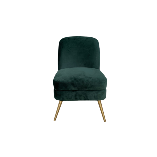 Emerald green velvet armless chair with gold legs, front view