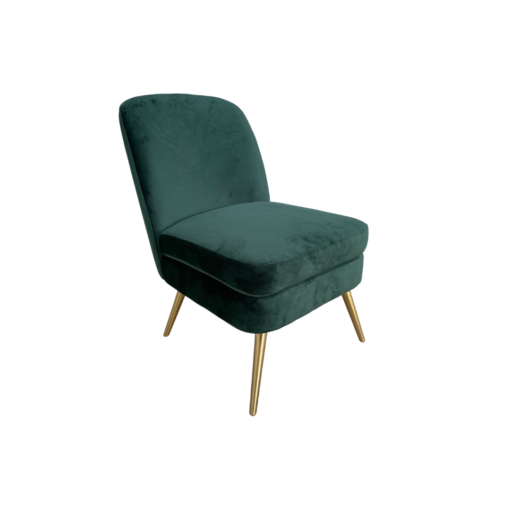 Emerald green velvet armless chair with gold legs, side view