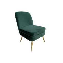 Emerald green velvet armless chair with gold legs, side view