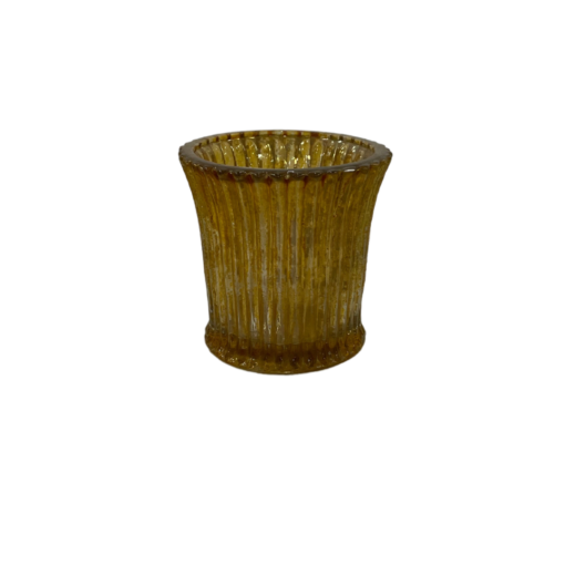 Small glass gold votives with vertical ribs.