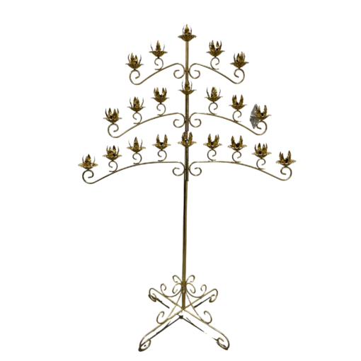 Gold floor standing candelabra with 3 wide symmetrical arms. Bottom arm has 4 spots of candles on both the right and the left side of the post, middle arm has 3 and the top arm has two.