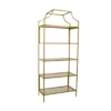 5 tiered rectangular bookshelf etagere with thin gold framing and glass shelves. Top has a curved upper accent.