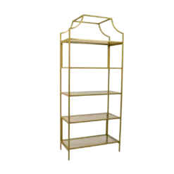 5 tiered rectangular bookshelf etagere with thin gold framing and glass shelves. Top has a curved upper accent.
