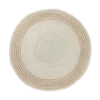 Round jute round rug with light brown around the outter foot and tan in the middle. Textured.