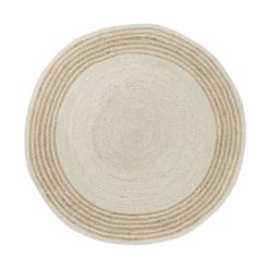 Round jute round rug with light brown around the outter foot and tan in the middle. Textured.