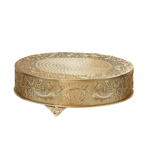 Round gold metal cake stand with ornate pattern