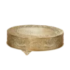 Round gold metal cake stand with ornate pattern