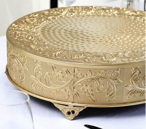 Close up showing ornate cake stand patterns on edge and top