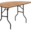 Sweetheart table that is a half circle table top with foldable metal black legs on a white background.