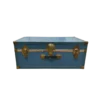 Cobalt blue vintage Demeter Trunk with brass edge trim and corner hardware, 30 inches long, front view