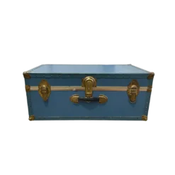 Cobalt blue vintage Demeter Trunk with brass edge trim and corner hardware, 30 inches long, front view