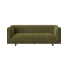 Olive velvet modern sofa with light tufting and square arms. Brown wooden legs.