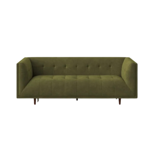 Olive velvet modern sofa with light tufting and square arms. Brown wooden legs.