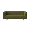 Olive velvet modern sofa with light tufting and square arms. Brown wooden legs.
