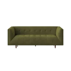 Olive velvet modern sofa with light tufting and square arms. Brown wooden legs.