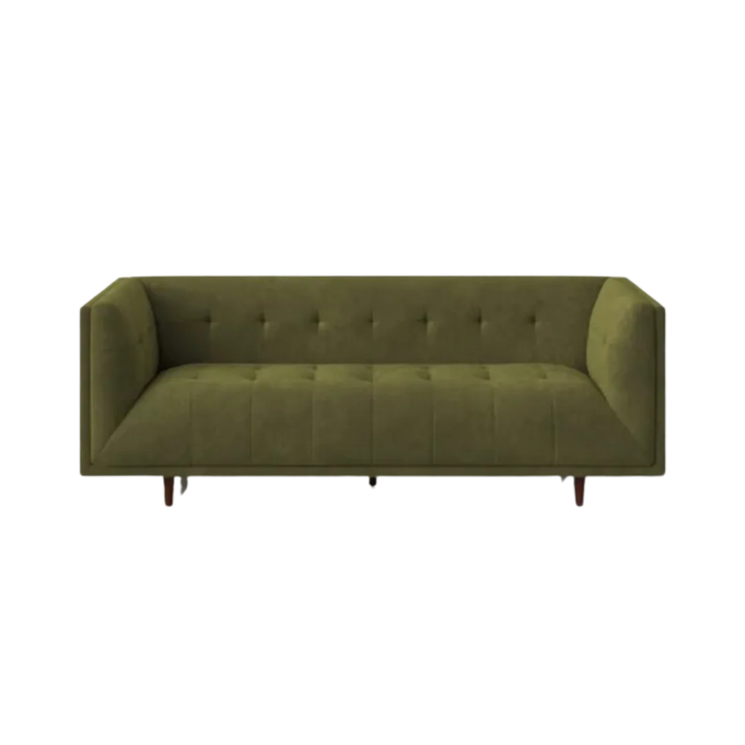 Oliver Modern Green Sofa WEBP Olive velvet modern sofa with light tufting and square arms. Brown wooden legs.