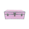 Boxy trunk with silver edge and two clasps on sides. Locking mechanism in middle.