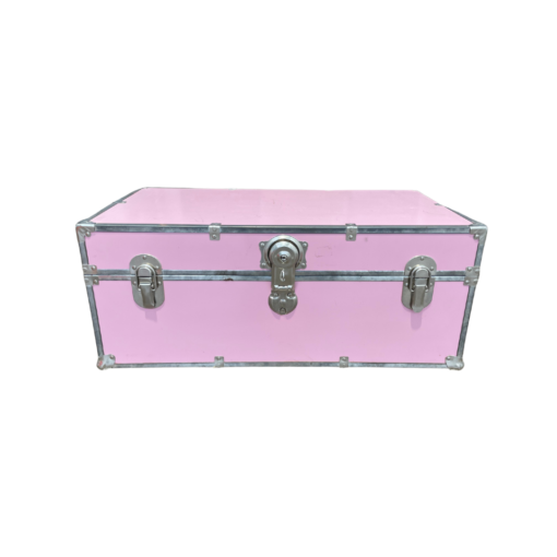 Boxy trunk with silver edge and two clasps on sides. Locking mechanism in middle.