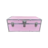 Boxy trunk with silver edge and two clasps on sides. Locking mechanism in middle.