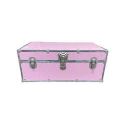 Boxy trunk with silver edge and two clasps on sides. Locking mechanism in middle.