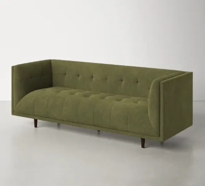 oliver green sofa angle view WEBP Olive green velvet square sofa at an angle showing the straight flat side