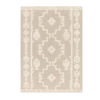 Neutral rug with tan backing and cream tufted geometric symmetrical pattern.