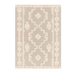 Neutral rug with tan backing and cream tufted geometric symmetrical pattern.