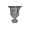 Glass cut, crystal vase with a pedestal foot in a hexagon. Detail cut out on the bottom half of the vase.