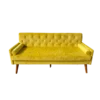 Vivid yellow velvet mid-century sofa with diamond tufting, bolster cushions, and tapered wood legs